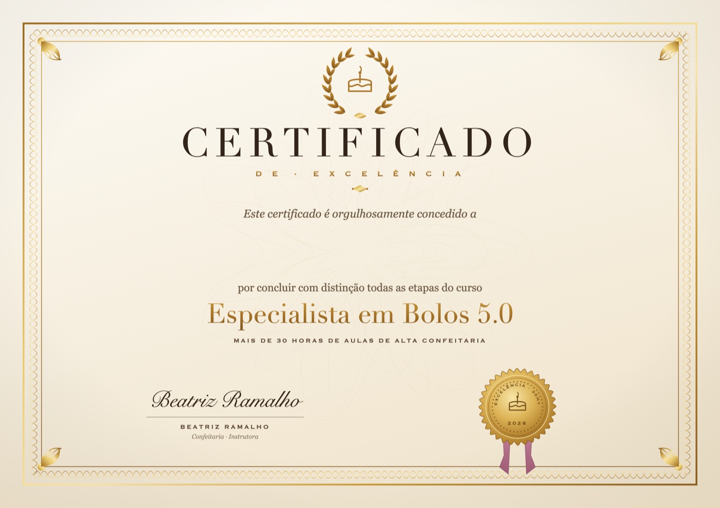 Certificado de excelência do curso Especialista em Bolos 5.0, assinado por Beatriz Ramalho